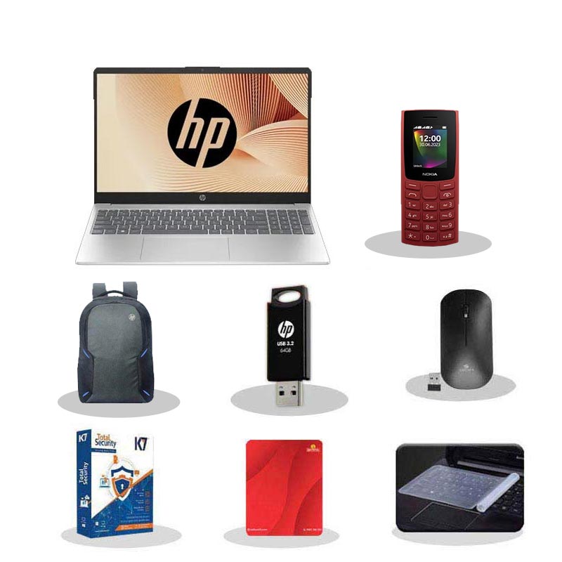 Picture of HP 15 - 12th Gen Intel Core i5-1235U 15.6" (39.6 Cm) 15-fd0111TU Thin & Light Laptop (16GB/ 512GB SSD/ Full HD Display/ Backlit Keyboard/ Windows 11 Home/ MS Office/ 1Year Warranty/ Natural Silver/ 1.59 kg)  with Nokia 106 Keypad Phone + Laptop Bag + K7 Antivirus + Wireless Mouse + Mouse Pad + Pendrive + Laptop Key Skin